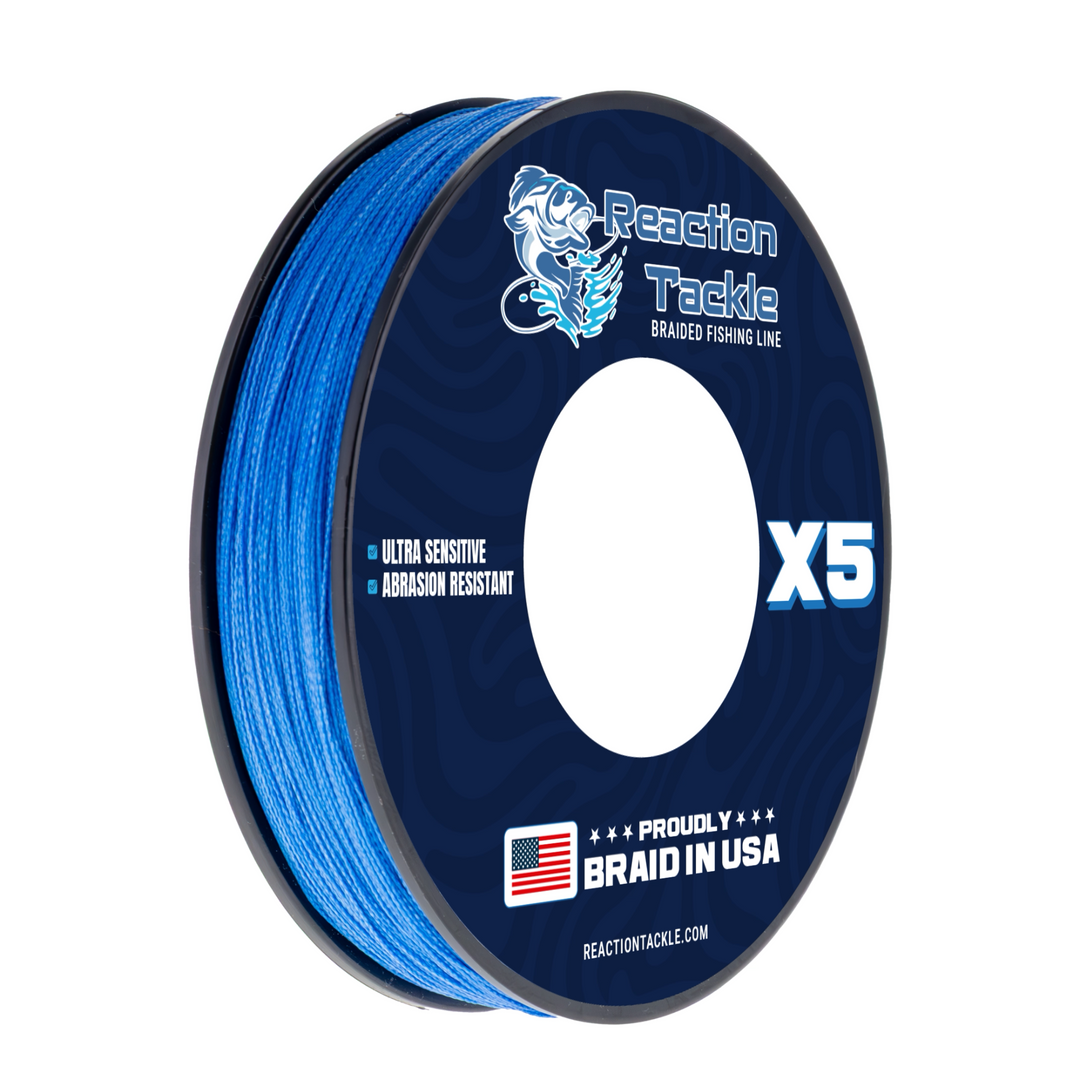 Reaction Tackle braided fishing line, 5X strength, made in the USA, close-up of the durable, tightly woven braided fishing line.