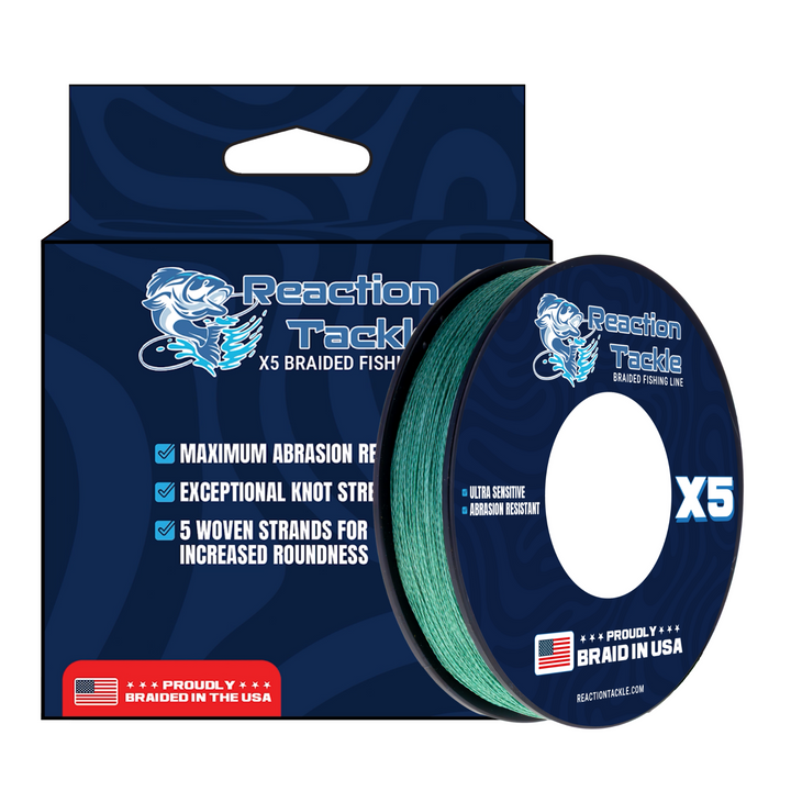 Reaction Tackle braided fishing line, 5X, USA-made, with close-up of the clear, durable braided fishing line spool.