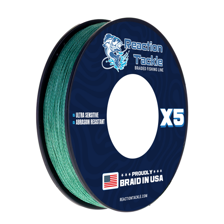 Reaction Tackle braided fishing line, 5X USA-made, close-up of the durable, tightly woven braided fishing line for anglers.