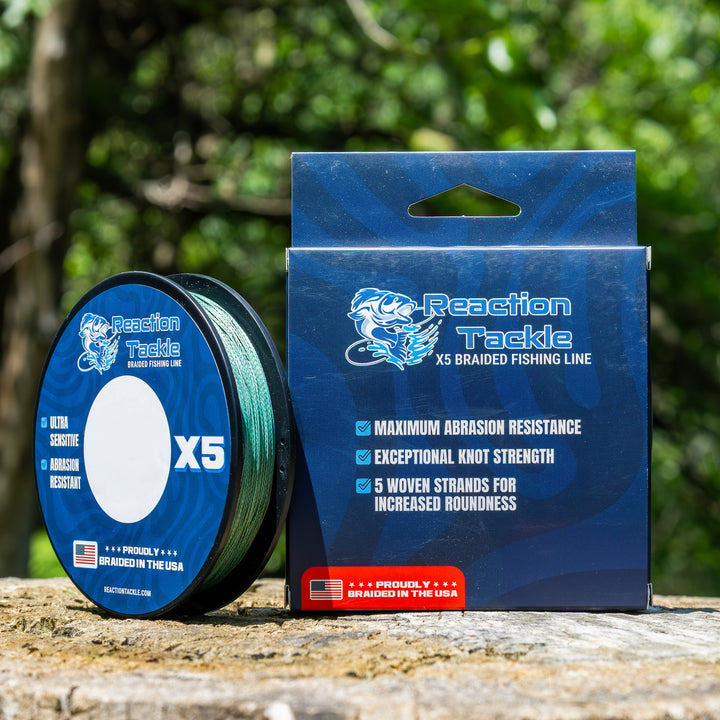 Reaction Tackle braided fishing line, 5X, USA-made, close-up of the durable, clear braided fishing line for freshwater or saltwater fishing.