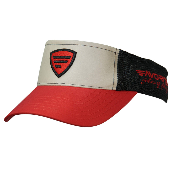 Red, tan, and black Favorite Fishing visor hat with a curved brim and adjustable strap, designed for sun protection and outdoor activities.