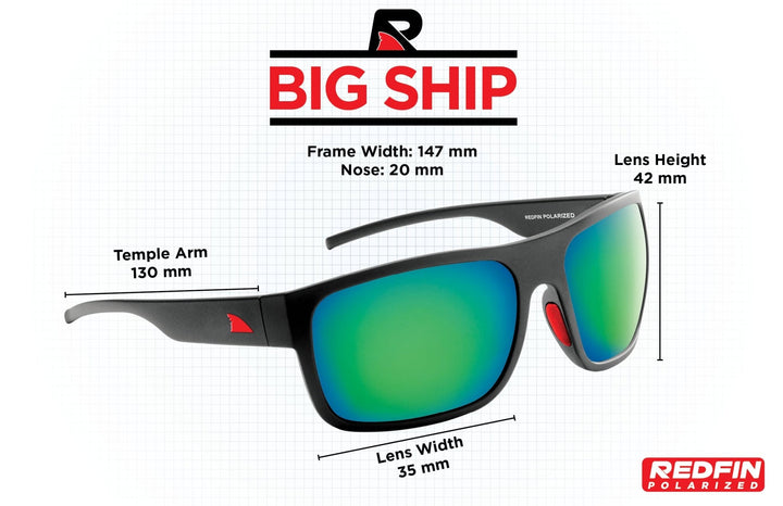 RedFin Polarized Big Ship fishing sunglasses with wraparound design and polarized lenses for glare reduction and eye protection.