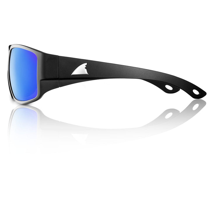 RedFin Polarized Grand Banks XL fishing sunglasses with black frames and polarized lenses, designed for outdoor water activities.