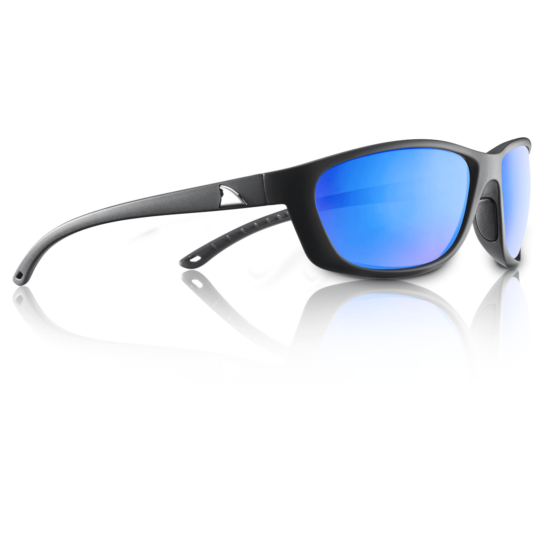 RedFin Polarized Keewaydin fishing sunglasses with matte black frames and amber-green lenses for outdoor fishing activities.