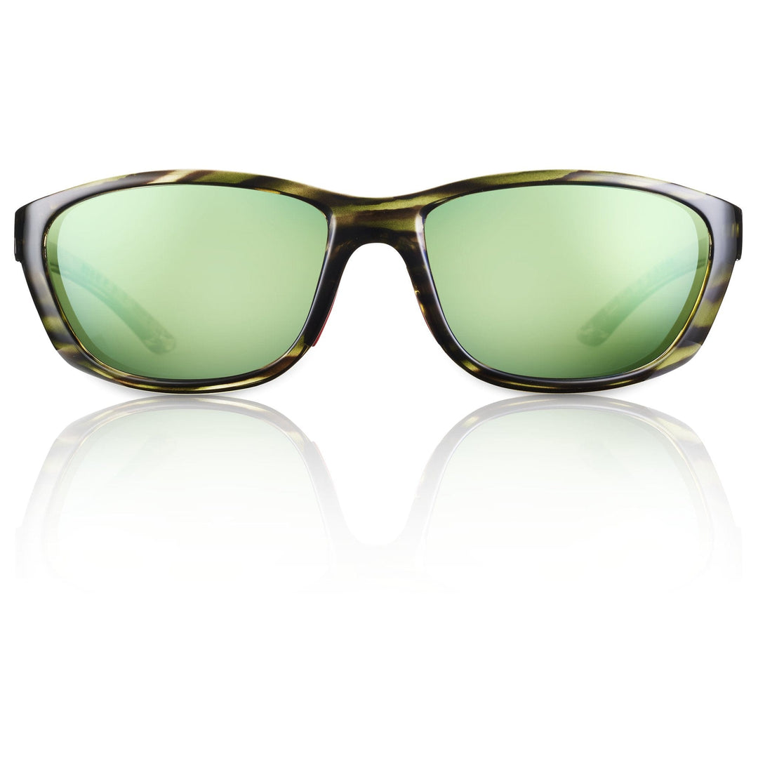 RedFin Polarized Keewaydin fishing sunglasses in matte black with amber-green lenses, designed for outdoor fishing activities.