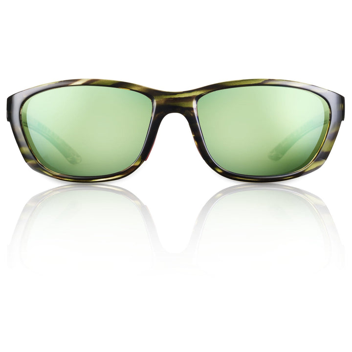 RedFin Polarized Keewaydin fishing sunglasses in matte black with amber-green lenses, designed for outdoor fishing activities.
