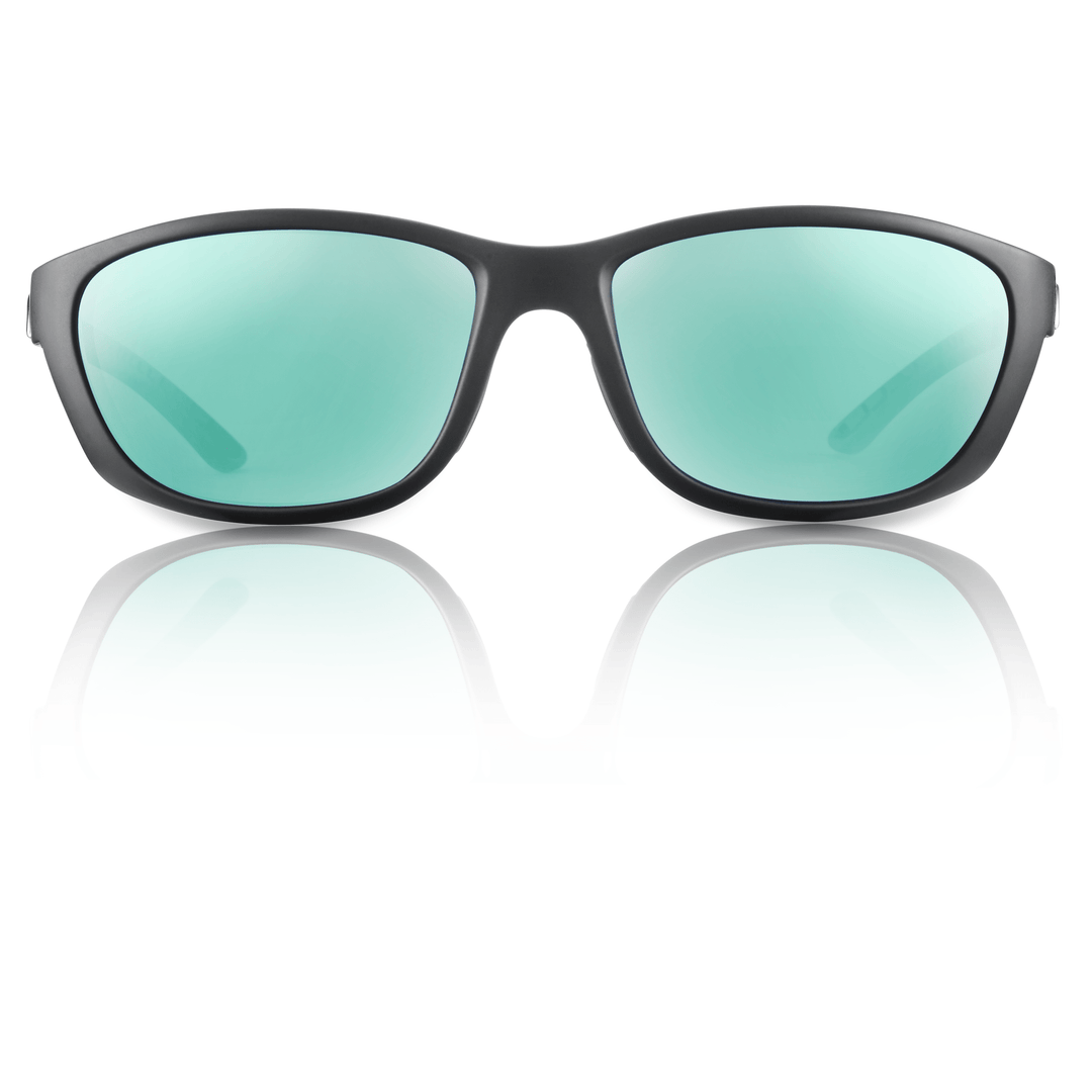 RedFin Polarized Keewaydin fishing sunglasses with matte black frames and amber-green polarized lenses, designed for outdoor fishing.