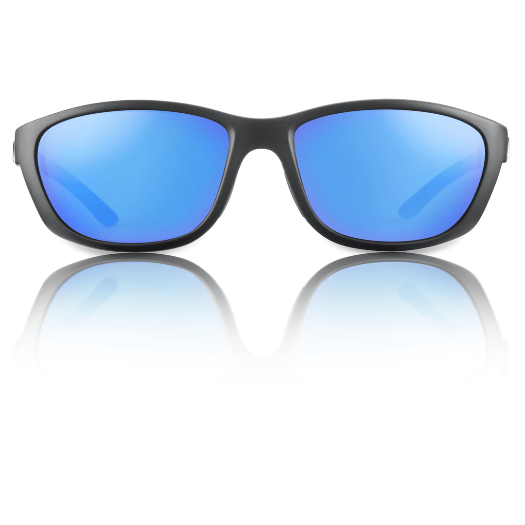 RedFin Polarized Keewaydin fishing sunglasses with matte black frames and amber-green lenses for outdoor protection and enhanced vision.