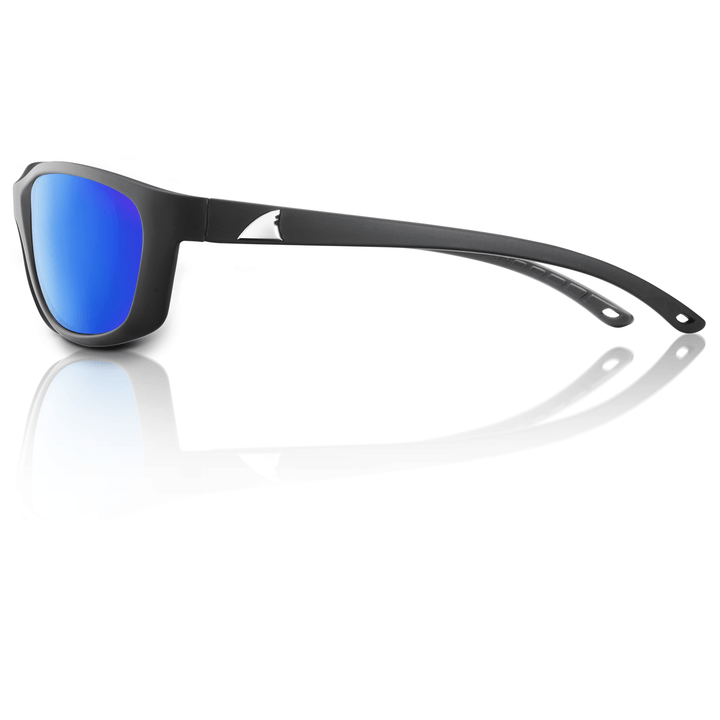 RedFin Polarized Keewaydin fishing sunglasses in matte black with amber and green lenses, designed for outdoor fishing activities.
