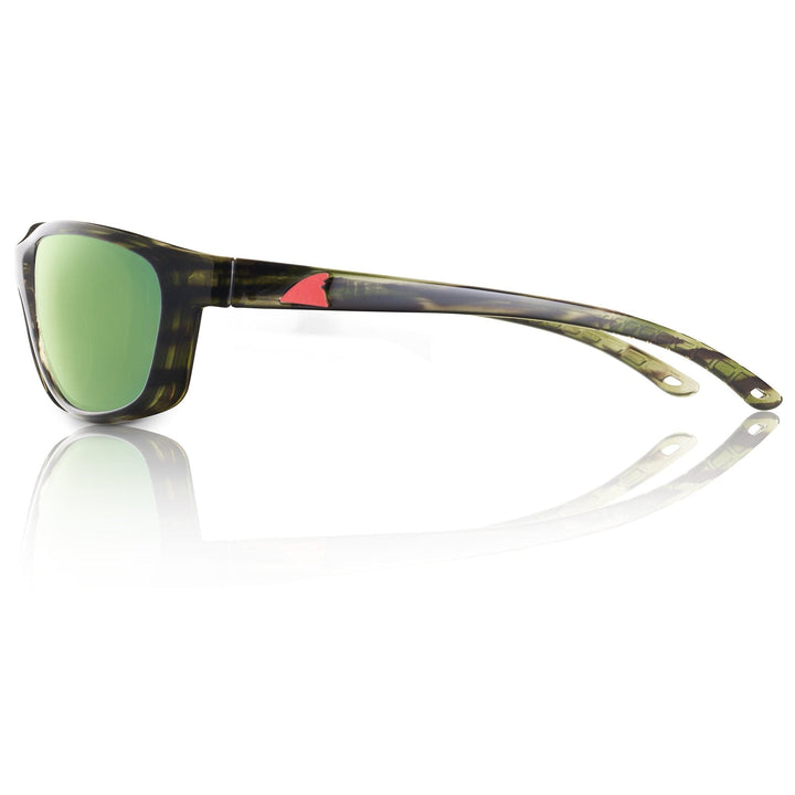 RedFin Polarized Keewaydin fishing sunglasses with matte black frame and amber-green lenses, designed for outdoor fishing activities.