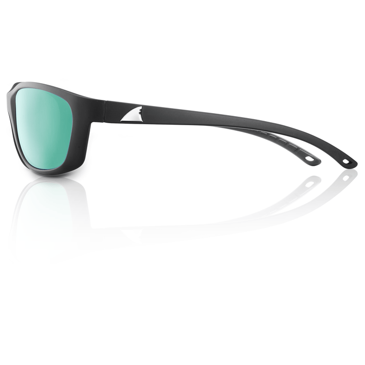RedFin Polarized Keewaydin fishing sunglasses with matte black frames and amber-green polarized lenses.