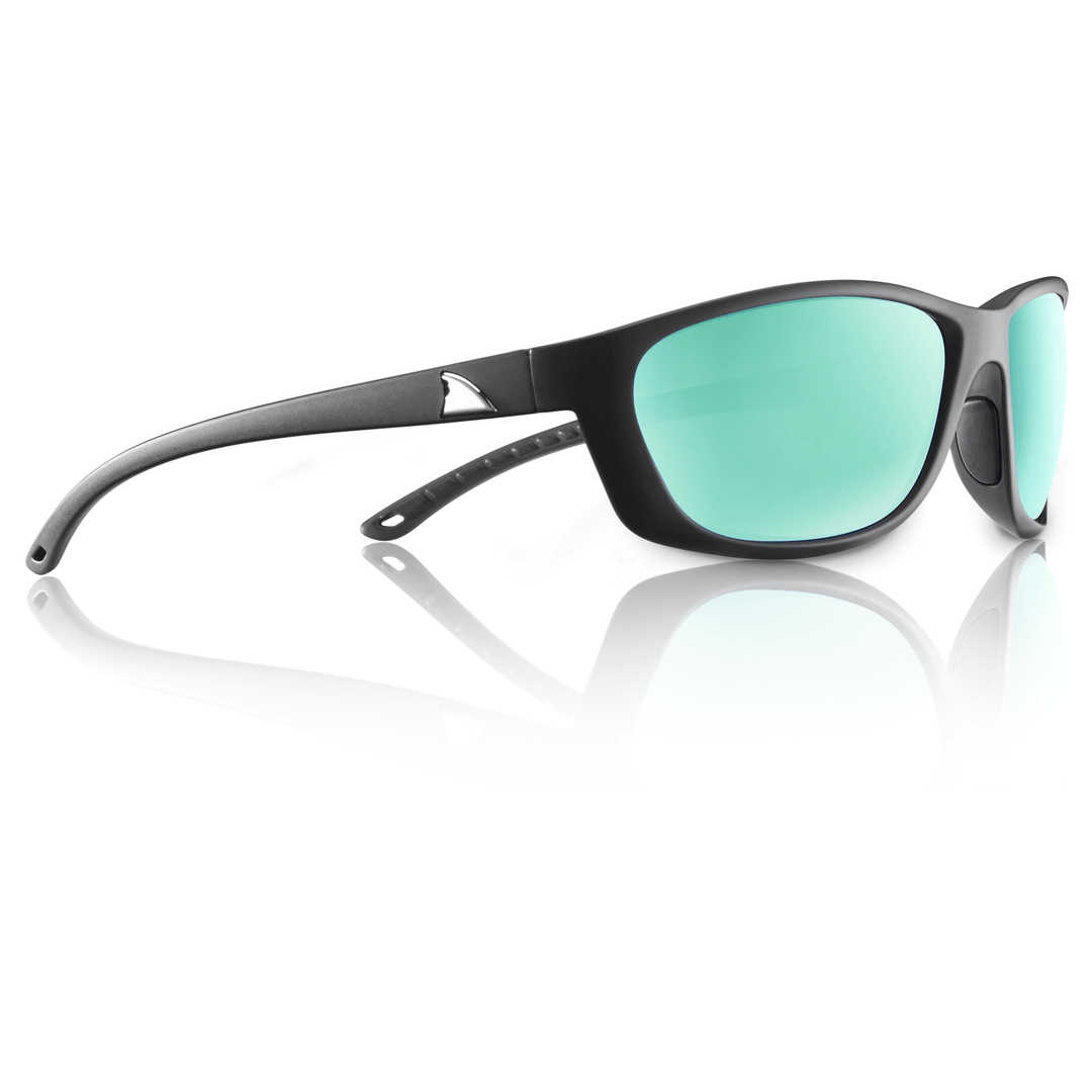 RedFin Polarized Keewaydin fishing sunglasses in matte black with amber-green lenses, designed for outdoor fishing activities.