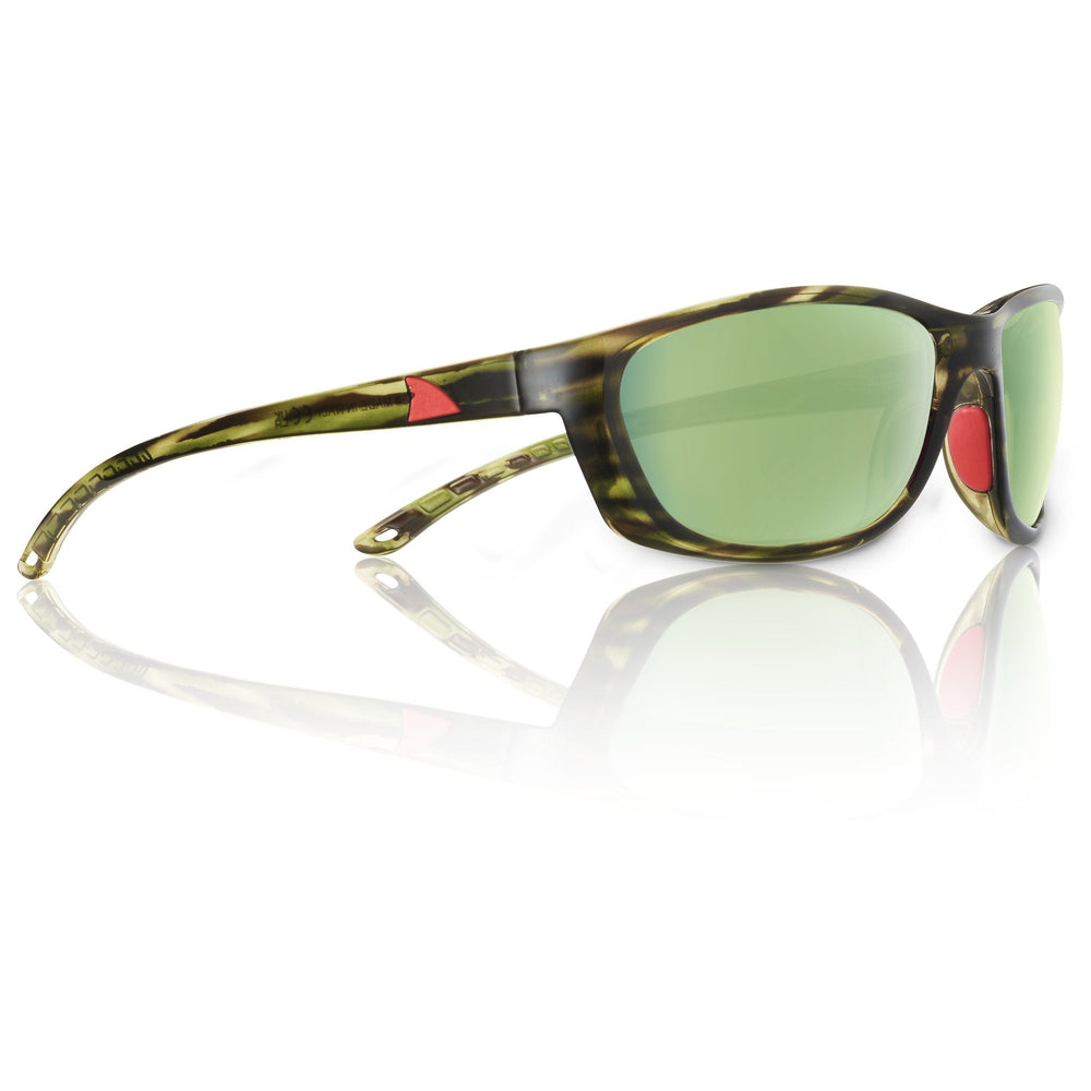 RedFin Polarized Keewaydin fishing sunglasses in matte black with amber-green lenses, designed for outdoor fishing activities.