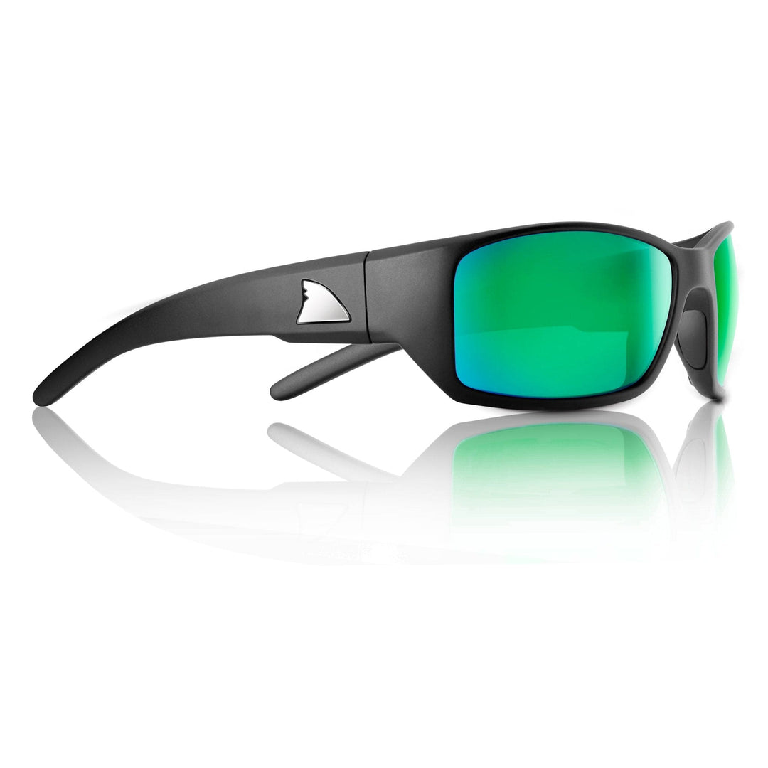 RedFin Polarized Wassaw fishing sunglasses with matte black frames and amber-green polarized lenses.