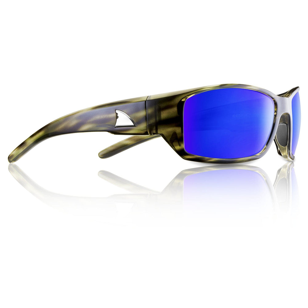 RedFin Polarized Wassaw fishing sunglasses with matte black frame and amber-green lenses for outdoor fishing activities.