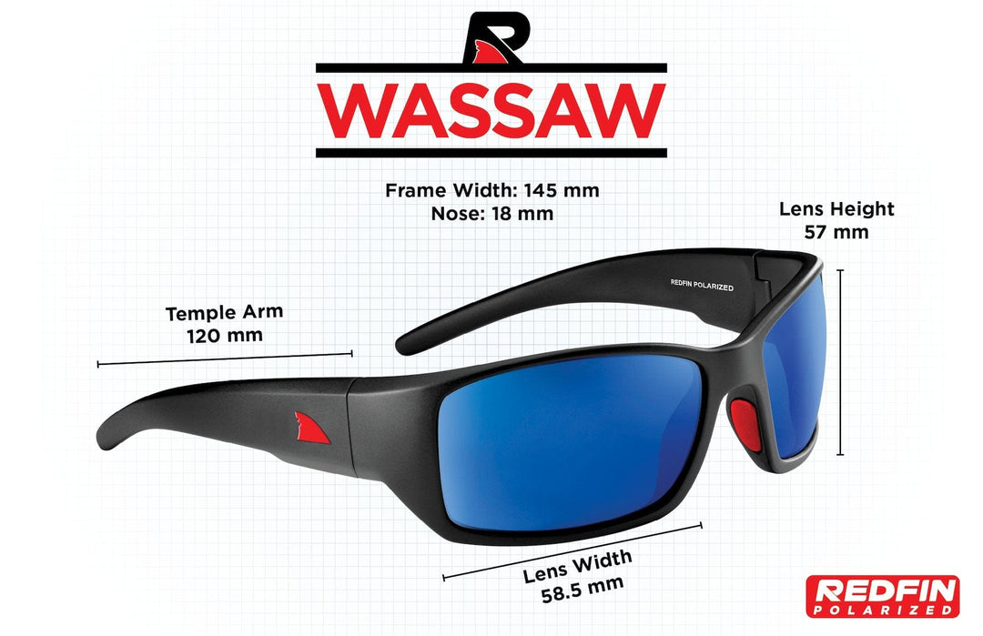RedFin Polarized Wassaw fishing sunglasses with matte black frame and amber-green lenses, designed for outdoor fishing activities.