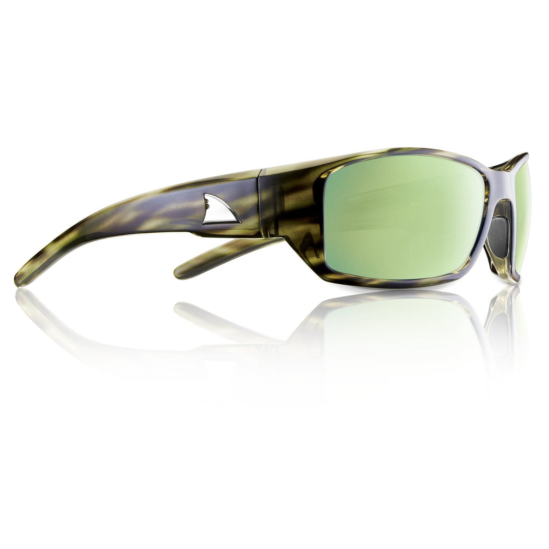 RedFin Polarized Wassaw fishing sunglasses with matte black frames and amber-green lenses for outdoor fishing.