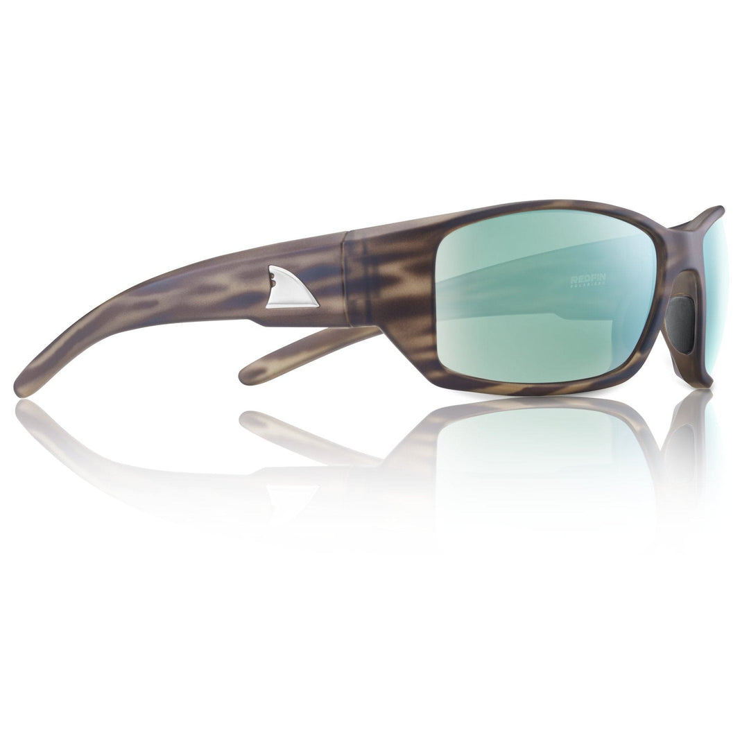 RedFin Polarized Wassaw fishing sunglasses with matte black frame and amber-green lenses, designed for outdoor fishing activities.