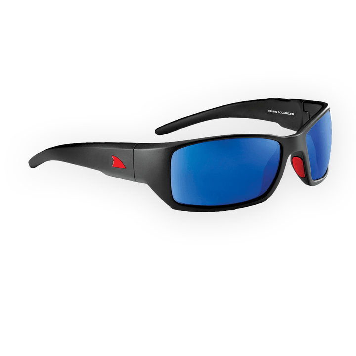RedFin Polarized Wassaw fishing sunglasses with matte black frame and amber-green lenses, designed for outdoor fishing activities.