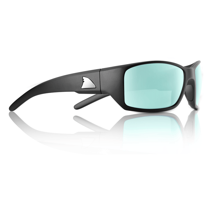 RedFin Polarized Wassaw fishing sunglasses with matte black frame and amber-green lenses, designed for outdoor fishing activities.