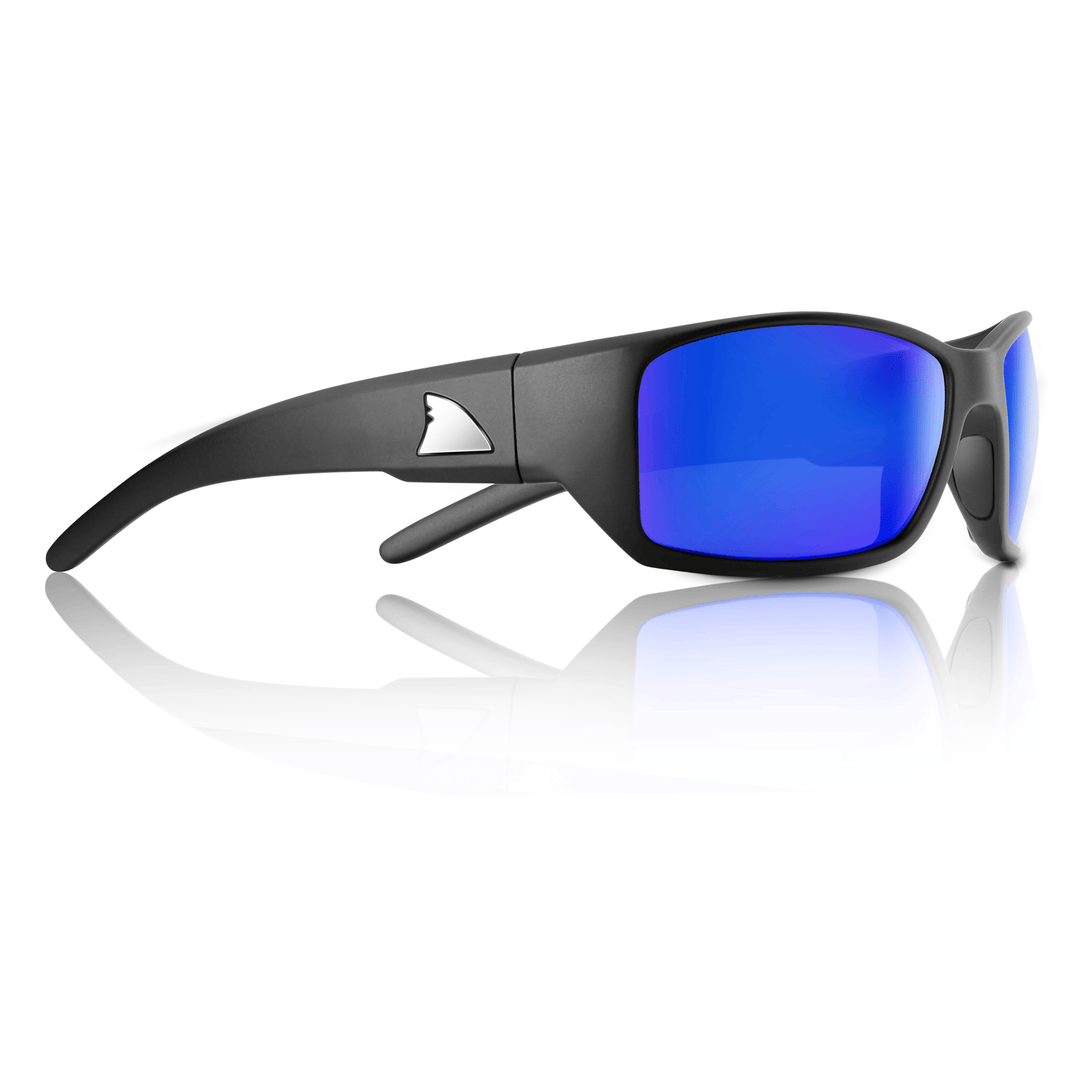 RedFin Polarized Wassaw fishing sunglasses with matte black frame and amber-green lenses, designed for outdoor fishing activities.