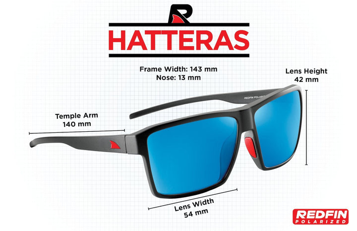RedFin Polarized Hatteras fishing sunglasses with dark tinted lenses and sporty frame, designed for outdoor fishing activities.
