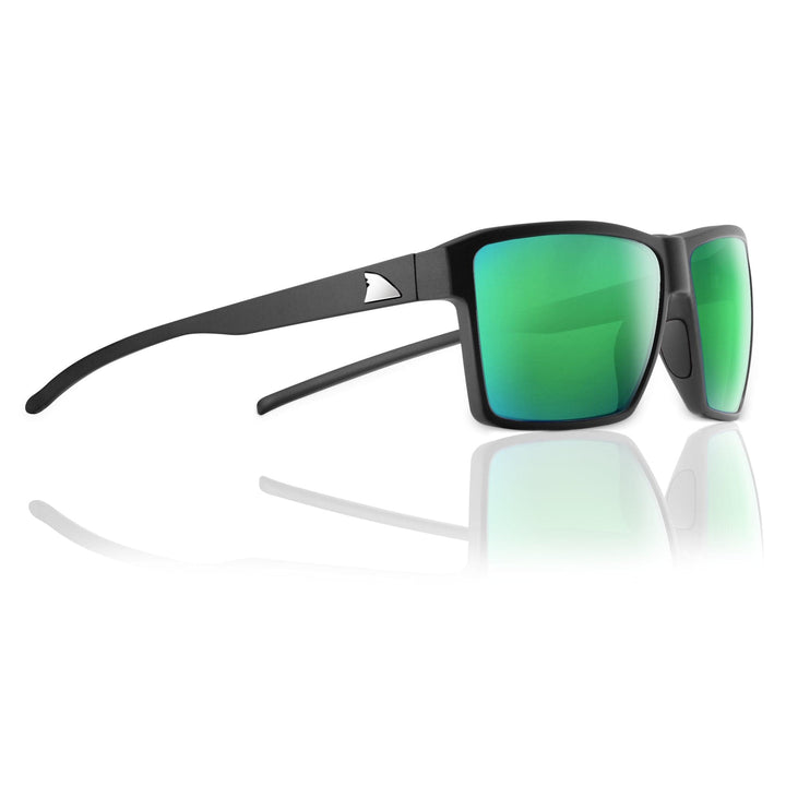 RedFin Polarized Hatteras fishing sunglasses with tinted lenses and sporty black frames on a white background
