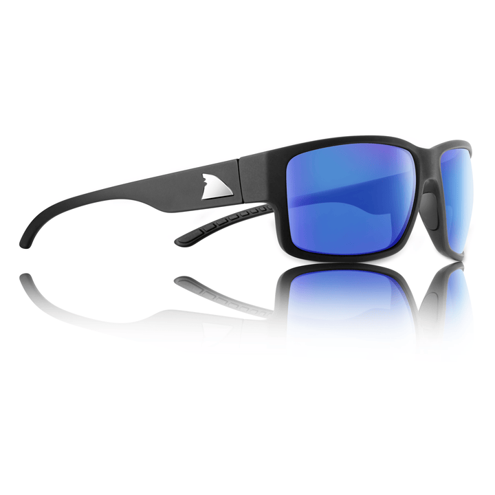 RedFin Polarized Sanibel fishing sunglasses with matte black frames and coastal blue lenses, designed for outdoor fishing activities.
