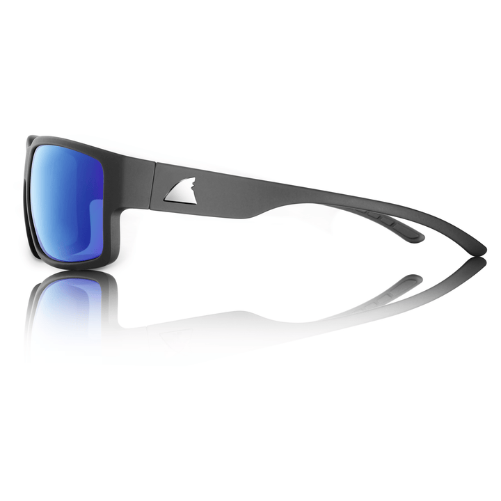 RedFin Polarized Sanibel fishing sunglasses in matte black with coastal blue lenses, designed for outdoor fishing and water activities.