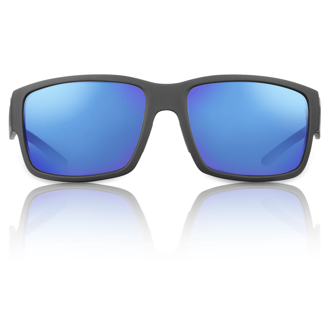 RedFin Polarized Sanibel fishing sunglasses with matte black frame and coastal blue lenses, designed for outdoor fishing activities.