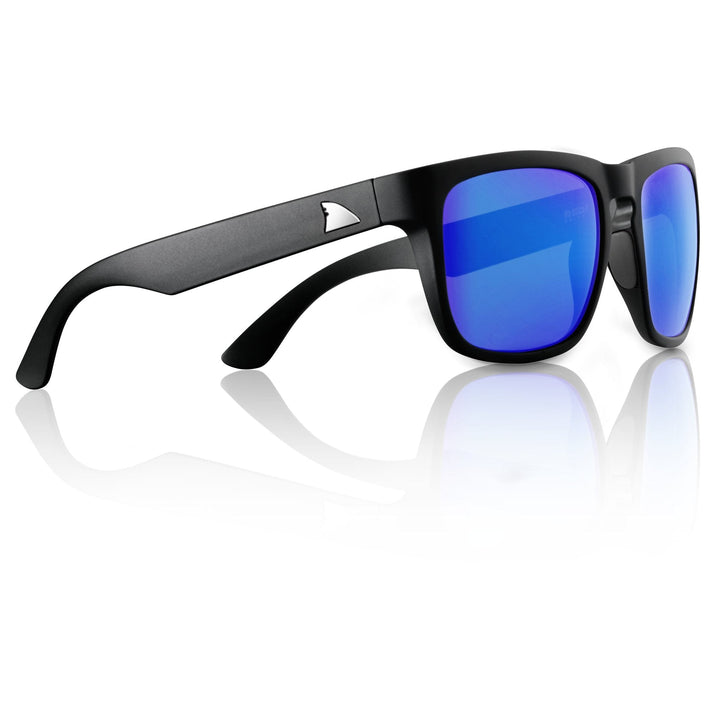RedFin Polarized Tybee fishing sunglasses with matte honey drift frames and blue lenses, designed for outdoor water activities.