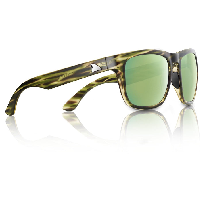 RedFin Polarized Tybee fishing sunglasses with matte honey drift frames and blue lenses, designed for fishing and outdoor use.