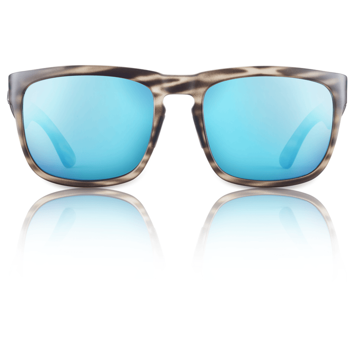 RedFin Polarized Tybee fishing sunglasses with matte honey drift frames and blue lenses, designed for outdoor fishing activities.