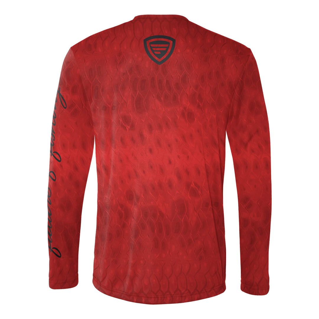 Red Performance Long Sleeve Scalz T-Shirt by Favorite Fishing, showing the apparel's fitted design and logo on the front.
