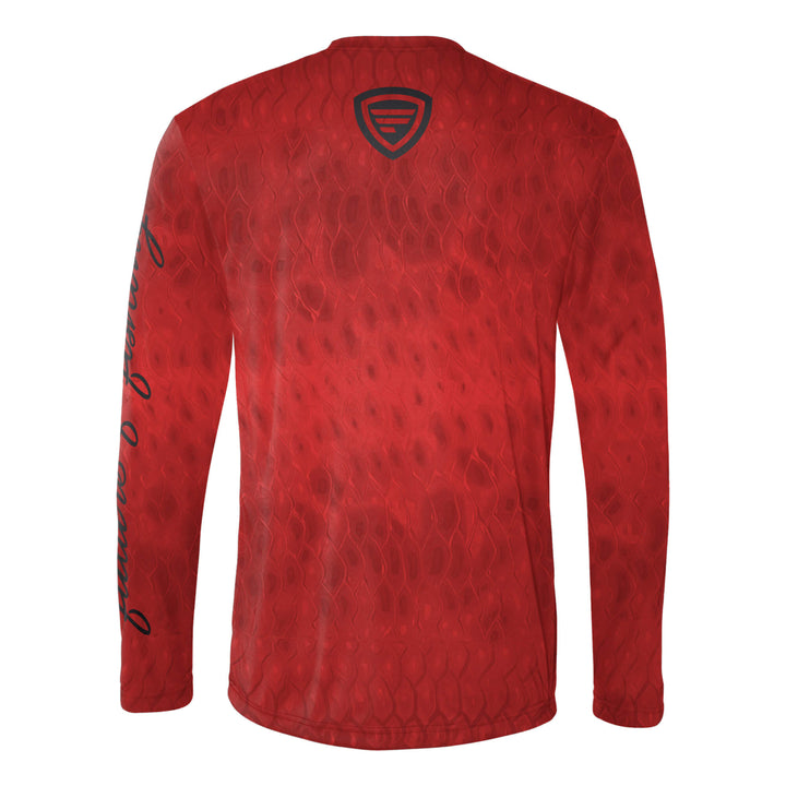 Red Performance Long Sleeve Scalz T-Shirt by Favorite Fishing, showing the apparel's fitted design and logo on the front.
