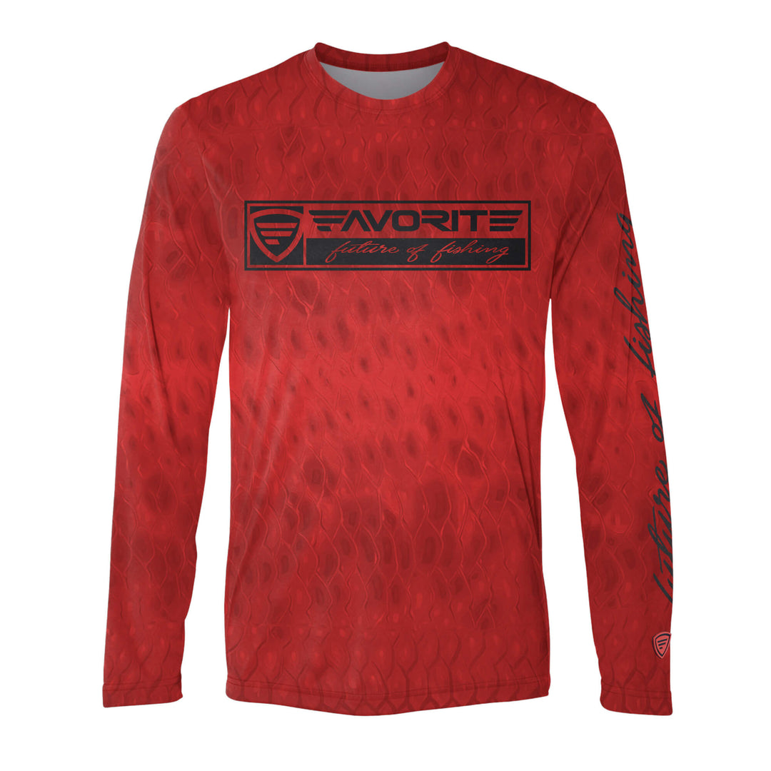Red Favorite Fishing Performance Long Sleeve Scalz T-Shirt with a scaled design, casual apparel for outdoor and fishing activities.