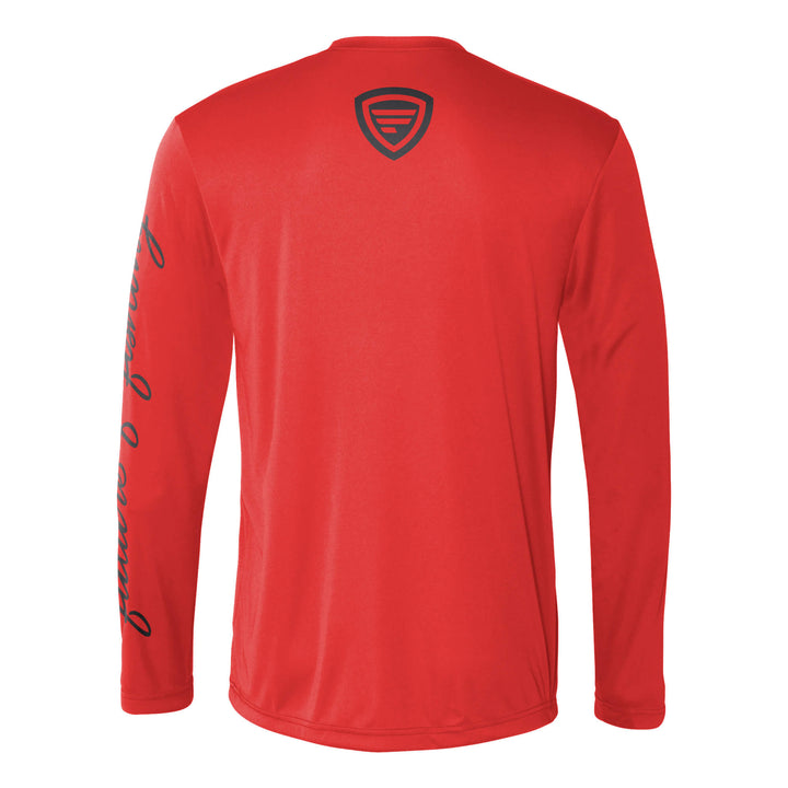 Red solid long sleeve T-shirt from Favorite Fishing, made of performance apparel fabric, displayed on a plain background.