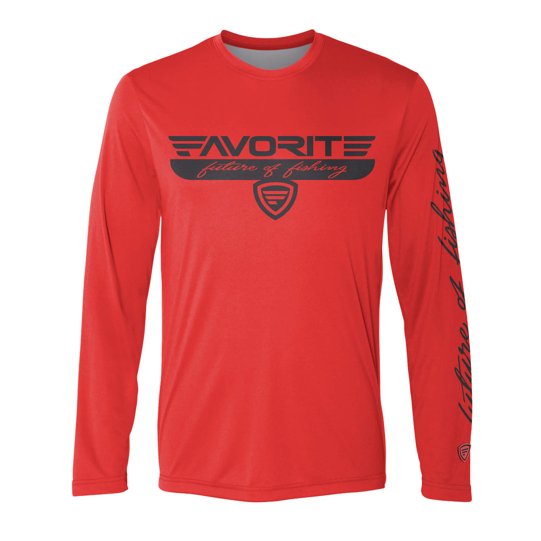 Red Performance Long Sleeve T-Shirt by Favorite Fishing, showcasing a comfortable, fitted apparel design with a solid color.