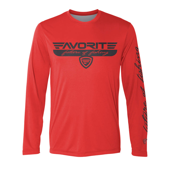 Red Performance Long Sleeve T-Shirt by Favorite Fishing, showcasing a comfortable, fitted apparel design with a solid color.