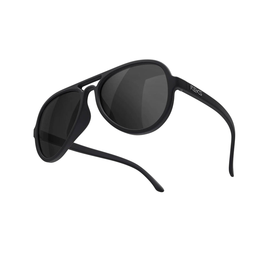REKS® aviator polarized sunglasses with black mirror polycarbonate lenses, featuring classic aviator frame and reflective finish.