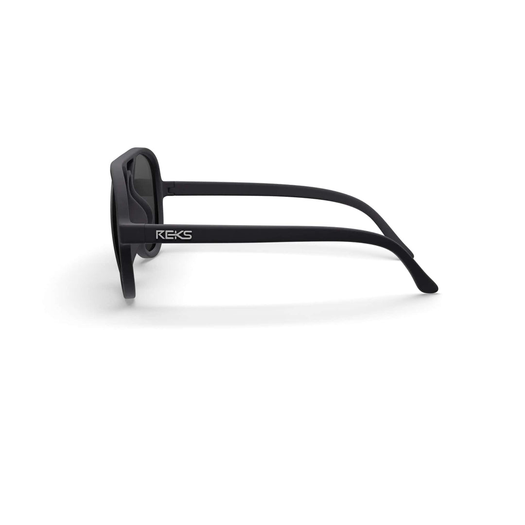 REKS® black mirror aviator polarized sunglasses with polycarbonate lenses and metal frames, stylish and protective eyewear.