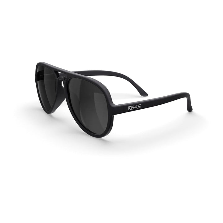 REKS® aviator polarized polycarbonate sunglasses with black mirror lenses, featuring classic aviator design and durable frame.