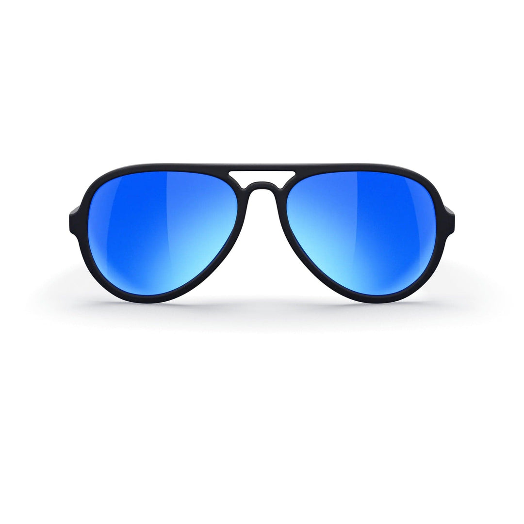 REKS® aviator polarized sunglasses with black mirror polycarbonate lenses, featuring classic aviator frame and reflective lens design.