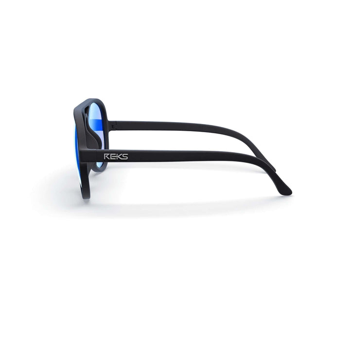 REKS® aviator polarized sunglasses with black mirrored polycarbonate lenses and metal frame, stylish and UV protective.