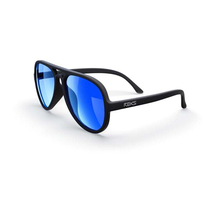 REKS® aviator polarized sunglasses with black mirror polycarbonate lenses, featuring classic aviator frame design.