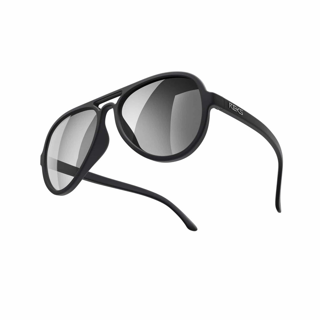 Black REKS® aviator polarized polycarbonate sunglasses with mirror lenses, featuring classic aviator style and reflective mirror finish.