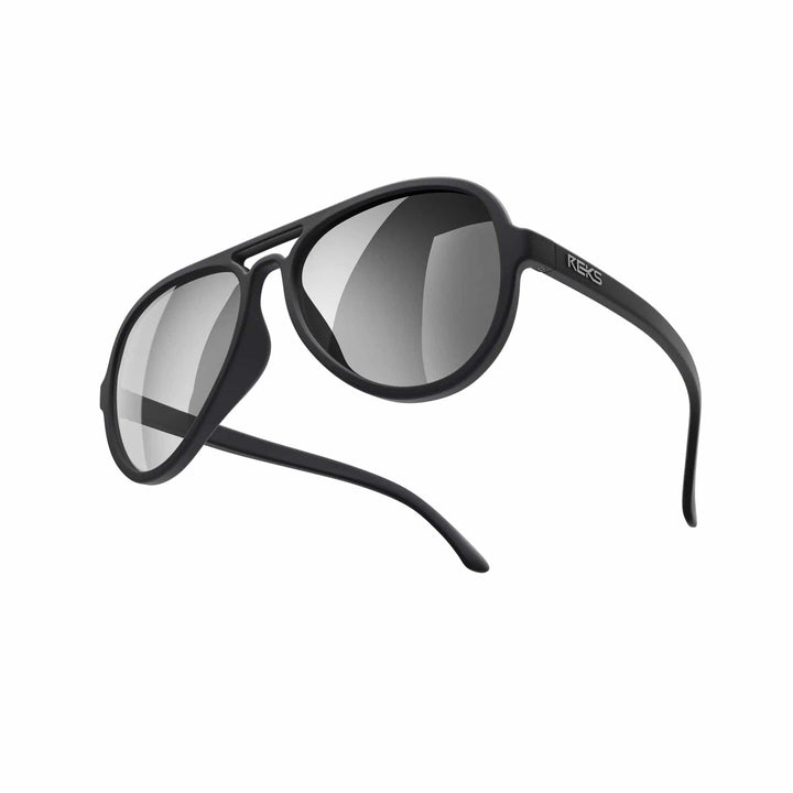 Black REKS® aviator polarized polycarbonate sunglasses with mirror lenses, featuring classic aviator style and reflective mirror finish.