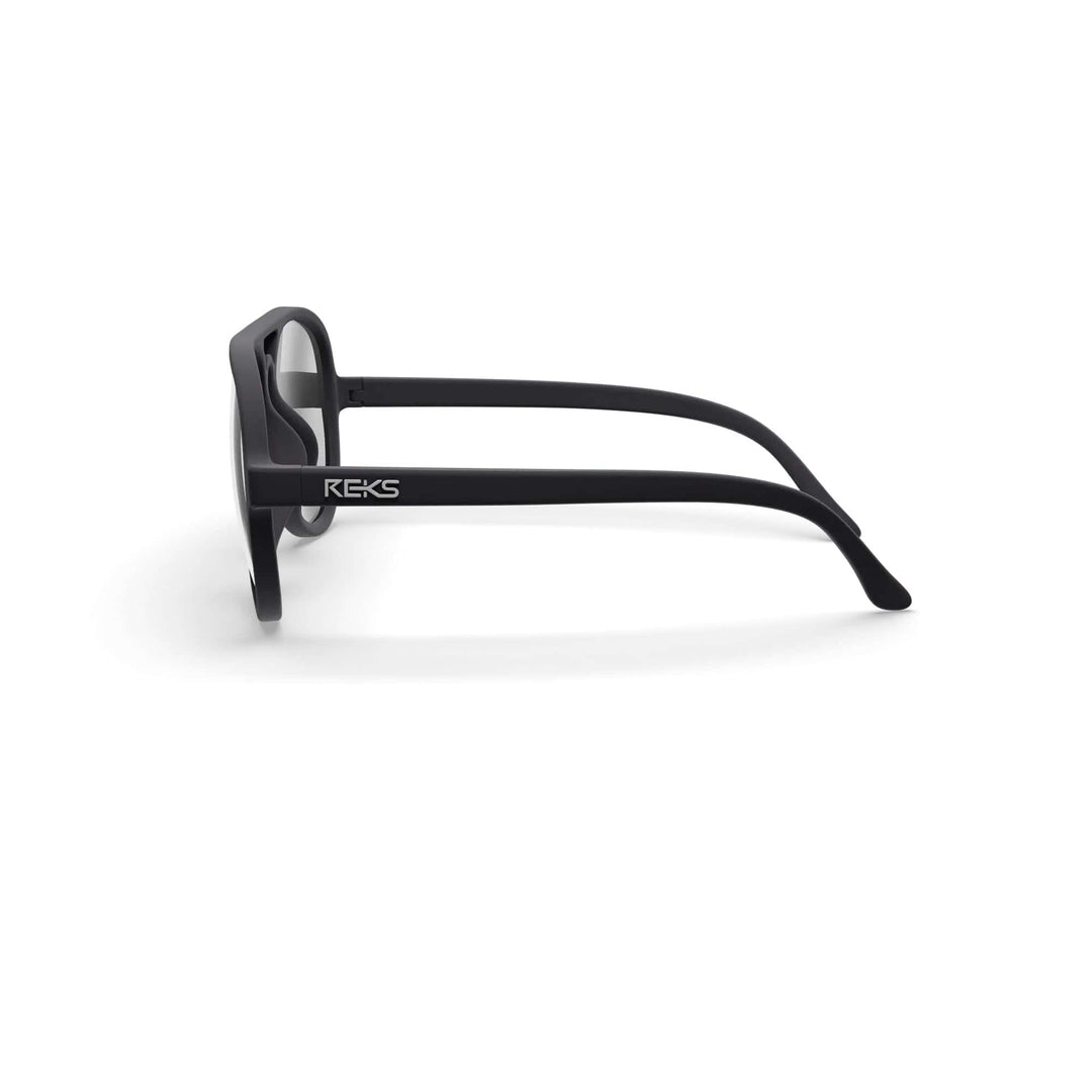 REKS® aviator polarized sunglasses with black mirror polycarbonate lenses, featuring classic aviator style and sleek black frames.