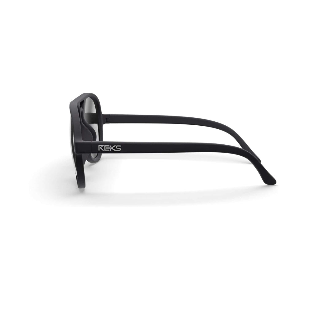 REKS® aviator polarized polycarbonate sunglasses with black mirror lenses, featuring classic aviator frame and reflective mirror finish.