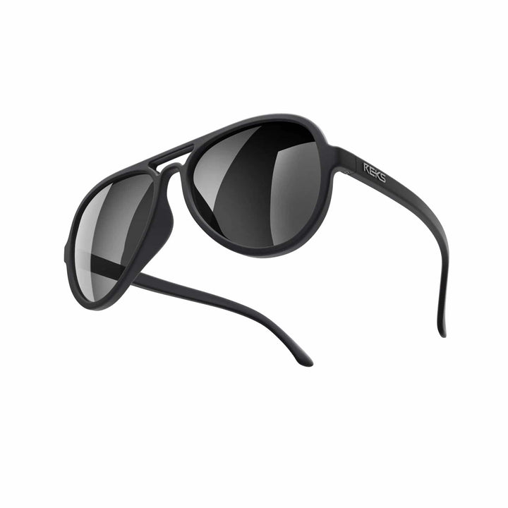 REKS® black mirror aviator polarized sunglasses with polycarbonate lenses and metal frame, classic aviator style.